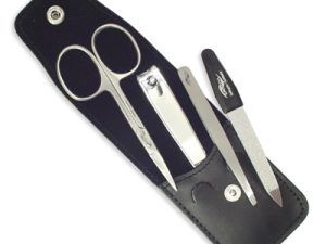 Manicure-Set, 4pieces., black leather case, scissors, clipper, tweezer, file, stainless, 4" x 2"